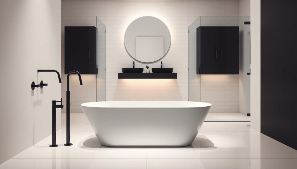 A sleek, modern bathroom featuring a minimalist black and white color scheme. In the foreground, a stylish freestanding bathtub with clean, geometric lines sits atop a polished, white-tiled floor. Flanking the tub, a pair of tall, slender black faucets with angular spouts emerge from the wall, their chrome accents gleaming under the warm, indirect lighting. In the middle ground, a floating vanity with a deep, black countertop and matching rectangular sinks is mounted on the white tiled walls. Above the vanity, a large, round backlit mirror casts a soft, diffused glow, creating a serene and spa-like atmosphere. In the background, a frameless glass shower enclosure with simple black hardware blends seamlessly into the minimalist design. The overall effect is one of understated elegance and contemporary style.