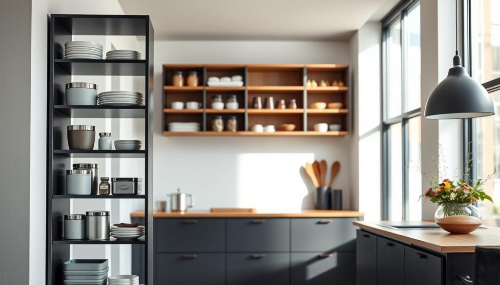 A sleek, modern kitchen interior with minimalist vertical storage solutions. In the foreground, a tall, narrow shelving unit with clean lines and a matte black finish, holding various kitchen essentials. In the middle ground, a wall-mounted, floating wooden shelving system with strategically placed storage containers and jars. The background features a bright, airy space with large windows, letting in natural light that creates a warm, inviting atmosphere. The overall scene conveys a sense of efficient organization and maximized storage potential within a small, urban kitchen or dining area. A sleek, modern kitchen interior with minimalist vertical storage solutions. In the foreground, a tall, narrow shelving unit with clean lines and a matte black finish, holding various kitchen essentials. In the middle ground, a wall-mounted, floating wooden shelving system with strategically placed storage containers and jars. The background features a bright, airy space with large windows, letting in natural light that creates a warm, inviting atmosphere. The overall scene conveys a sense of efficient organization and maximized storage potential within a small, urban kitchen or dining area.
