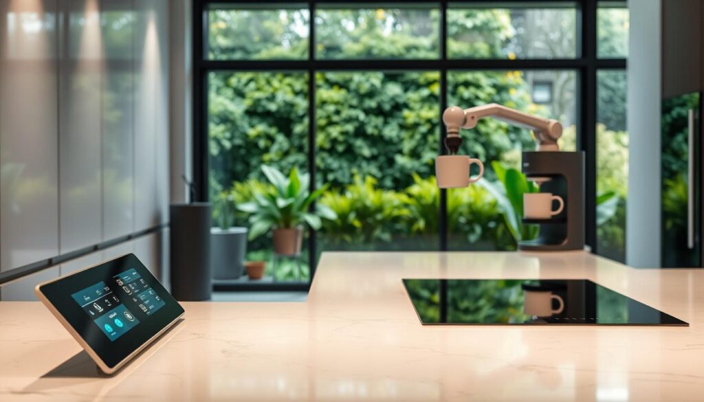 A sleek, modern kitchen with state-of-the-art smart technology integrated seamlessly into the design. In the foreground, a high-tech touch screen control panel allows for precise temperature, lighting, and appliance management. A futuristic induction cooktop sits atop a minimalist marble countertop, its surface dotted with discreet sensors. In the middle ground, a robotic arm effortlessly transfers freshly brewed coffee from the smart coffee maker to a waiting mug. In the background, a large window offers a view of a lush, verdant garden, the natural light filtering in and casting a warm, ambient glow throughout the space. The overall atmosphere is one of efficiency, convenience, and a harmonious blend of technology and nature. A sleek, modern kitchen with state-of-the-art smart technology integrated seamlessly into the design. In the foreground, a high-tech touch screen control panel allows for precise temperature, lighting, and appliance management. A futuristic induction cooktop sits atop a minimalist marble countertop, its surface dotted with discreet sensors. In the middle ground, a robotic arm effortlessly transfers freshly brewed coffee from the smart coffee maker to a waiting mug. In the background, a large window offers a view of a lush, verdant garden, the natural light filtering in and casting a warm, ambient glow throughout the space. The overall atmosphere is one of efficiency, convenience, and a harmonious blend of technology and nature.