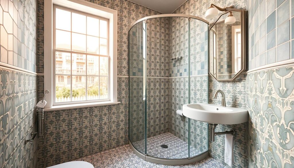 A small bathroom with a creative tile design, featuring intricate geometric patterns in a harmonious color palette. The tiles cover the walls, floor, and shower enclosure, creating a cohesive and visually striking environment. Natural lighting filters in through a large window, casting a warm glow and accentuating the textural details of the tiles. The overall design is both modern and timeless, striking a perfect balance between functionality and aesthetic appeal.