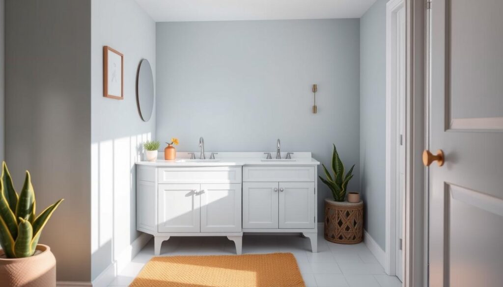 A small, bright bathroom with a fresh, modern color palette. The walls are painted in a soft, airy blue-gray, creating a calming, budget-friendly backdrop. The vanity is a clean, white shaker-style design, complemented by simple chrome fixtures. Subtle pops of color are introduced through a plush textured rug in a muted mustard hue and a few potted plants, adding a touch of natural warmth. The room is bathed in warm, diffused lighting, casting a soothing glow and highlighting the clean, minimalist aesthetic. An expansive window allows natural light to flood the space, making it feel open and inviting.