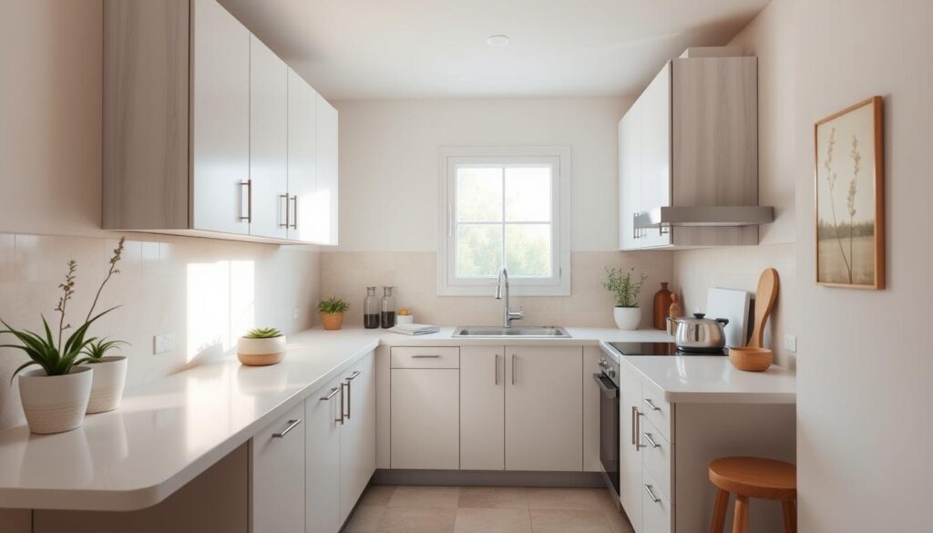 A small, bright kitchen with light-colored cabinets, countertops, and walls. The space is bathed in natural light from a large window, casting a warm, inviting glow. A minimalist design with clean lines and a mix of textures, including smooth stone and wood accents. The layout is efficient, with a compact breakfast bar or island providing additional workspace and seating. Soft, neutral tones throughout, creating a sense of calm and spaciousness. Subtle decorative elements, such as potted plants or a simple piece of artwork, add a personal touch without cluttering the space. The overall atmosphere is one of simplicity, comfort, and a connection to the outdoors.
