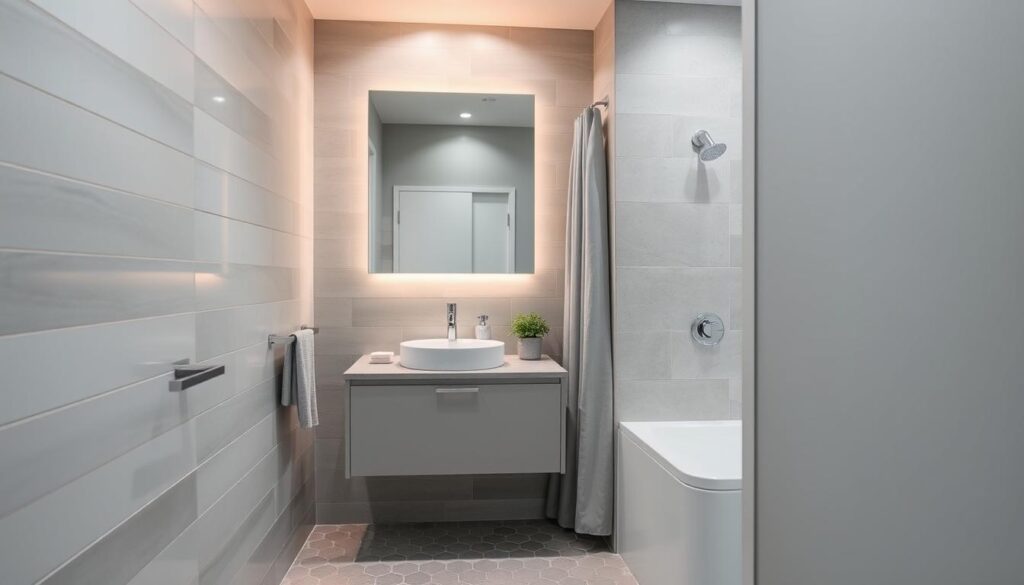 A small, cozy grey bathroom with a minimalist design. The walls are covered in a soft, muted grey tile, with a large, frameless mirror hanging above a simple, grey vanity. The countertop is made of a sleek, grey quartz material, complemented by modern, chrome fixtures. The floor is covered in a grey, hexagonal tile pattern, creating a cohesive and calming atmosphere. Soft, indirect lighting casts a warm glow, accentuating the clean lines and neutral tones. A simple, grey shower curtain and a few potted plants add subtle pops of texture and greenery, completing the serene, spa-like ambiance.
