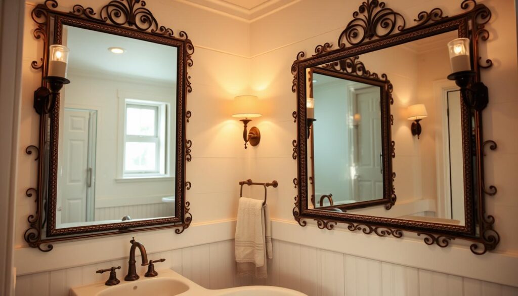 A small farmhouse bathroom with oversized, ornate mirrors adorning the walls. Soft, warm lighting emanates from sconces, casting a cozy glow. The mirrors are large, spanning from floor to ceiling, creating an illusion of depth and amplifying the sense of space. Intricate, wrought-iron frames complement the rustic, vintage aesthetic. Subtle, natural textures like shiplap walls and a clawfoot tub add to the charming, old-world ambiance. The mirrors reflect the room's essential elements, harmoniously blending form and function to maximize the impression of a bright, airy sanctuary.