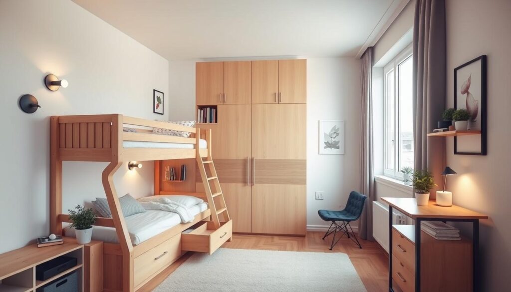 A spacious and well-lit small bedroom, featuring clever space-saving solutions. In the foreground, a bunk bed with an integrated desk and storage drawers, maximizing the vertical space. Midground showcases a wall-mounted bookshelf and a compact, multifunctional wardrobe with sliding doors. Soft, warm lighting emanates from sconces, creating a cozy atmosphere. Minimalist decor, including potted plants and abstract artwork, lends an airy, uncluttered feel. The room's layout is designed to facilitate separate study and sleep zones, catering to the needs of two young occupants. A wide window floods the space with natural light, enhancing the sense of openness in this efficiently organized small-scale interior. A spacious and well-lit small bedroom, featuring clever space-saving solutions. In the foreground, a bunk bed with an integrated desk and storage drawers, maximizing the vertical space. Midground showcases a wall-mounted bookshelf and a compact, multifunctional wardrobe with sliding doors. Soft, warm lighting emanates from sconces, creating a cozy atmosphere. Minimalist decor, including potted plants and abstract artwork, lends an airy, uncluttered feel. The room's layout is designed to facilitate separate study and sleep zones, catering to the needs of two young occupants. A wide window floods the space with natural light, enhancing the sense of openness in this efficiently organized small-scale interior.