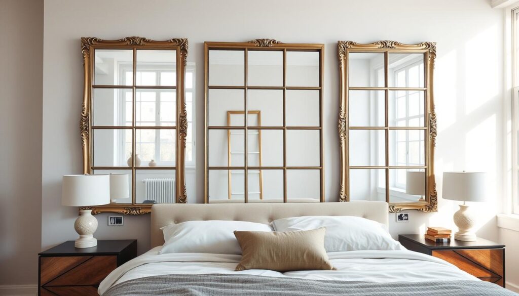 A spacious bedroom with a focal wall featuring a set of large, ornate wall mirrors. The mirrors are arranged in a symmetrical grid pattern, reflecting the natural light from the room's windows and creating an illusion of depth and airiness. The mirrors have a sleek, modern frame in a metallic finish, complementing the minimalist decor. Soft, diffused lighting bathes the scene, casting a warm, inviting glow. The mirrors are positioned at eye level, drawing the viewer's attention and creating the perception of a more expansive, open space. The overall mood is one of tranquility and sophistication, perfectly suited for a small, cozy bedroom.