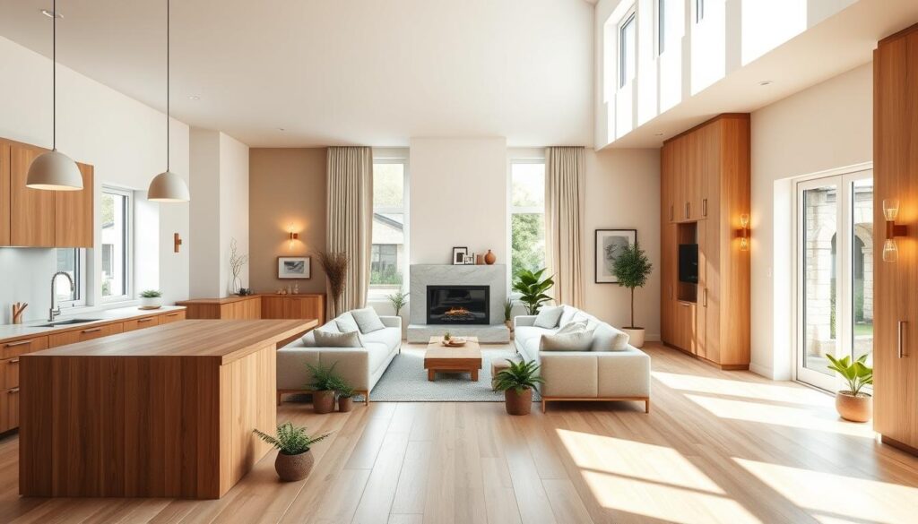 A spacious open-concept kitchen seamlessly blending into a cozy living room, bathed in natural light filtering through large windows. Sleek, minimalist kitchen cabinets in a warm tone complemented by a solid wood island countertop. Plush, inviting sofa in a neutral palette facing a modern fireplace, creating a harmonious flow between the two zones. Scattered potted plants and a few carefully curated decorative pieces add a touch of organic elegance. Soft, diffused lighting from pendants and sconces casts a warm glow, fostering a sense of openness and tranquility. High ceilings and a neutral color palette amplify the airy, expansive feel of the space. A spacious open-concept kitchen seamlessly blending into a cozy living room, bathed in natural light filtering through large windows. Sleek, minimalist kitchen cabinets in a warm tone complemented by a solid wood island countertop. Plush, inviting sofa in a neutral palette facing a modern fireplace, creating a harmonious flow between the two zones. Scattered potted plants and a few carefully curated decorative pieces add a touch of organic elegance. Soft, diffused lighting from pendants and sconces casts a warm glow, fostering a sense of openness and tranquility. High ceilings and a neutral color palette amplify the airy, expansive feel of the space.