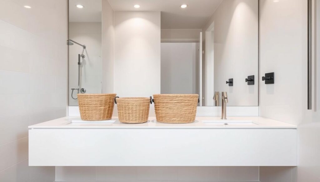 A stylish and well-organized bathroom, featuring a set of sleek, woven storage baskets neatly arranged on a modern floating vanity. The baskets, crafted from natural rattan, exude a warm, organic texture that complements the crisp, white countertop. Soft, diffused lighting from recessed fixtures above casts a gentle glow, creating a serene and inviting atmosphere. The composition is balanced, with the baskets taking center stage, while the surrounding minimalist tiles and fixtures provide a clean, uncluttered backdrop. The overall scene conveys a sense of elegant simplicity, showcasing how thoughtful storage solutions can elevate the design of a bathroom space.