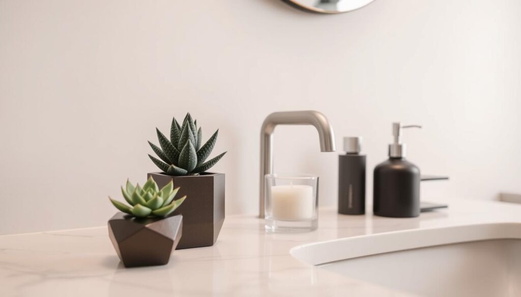 A stylish bathroom counter decor with a minimalist, yet elegant aesthetic. In the foreground, an array of small decorative items artfully arranged - a potted succulent, a geometric candle holder, and a sleek soap dispenser. The middle ground features a clean, white marble countertop with subtle veining, complemented by a minimalist faucet. The background showcases a neutral-toned wall, creating a serene, spa-like ambiance. Soft, diffused lighting from above casts a warm glow, enhancing the overall sophisticated and personalized feel of the scene. The composition is balanced, with each element complementing the others to form a cohesive, visually appealing display.