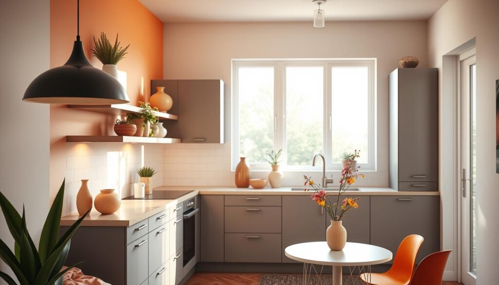 A stylish small kitchen with a contemporary color palette featuring warm neutral tones and pops of vibrant accent colors. The kitchen is bathed in soft, diffused natural light flooding through large windows, creating a cozy and inviting atmosphere. The foreground showcases a carefully curated display of decorative elements, such as a sleek pendant light, a set of modern floating shelves adorned with potted plants and ceramic vases, and a small table with a minimal vase and fresh flowers. The middle ground features the kitchen's clean-lined cabinetry in a muted gray tone, complemented by brushed metal hardware. The background subtly hints at the L-shaped layout with a glimpse of the adjacent dining or living space, reinforcing the cohesive and harmonious design.
