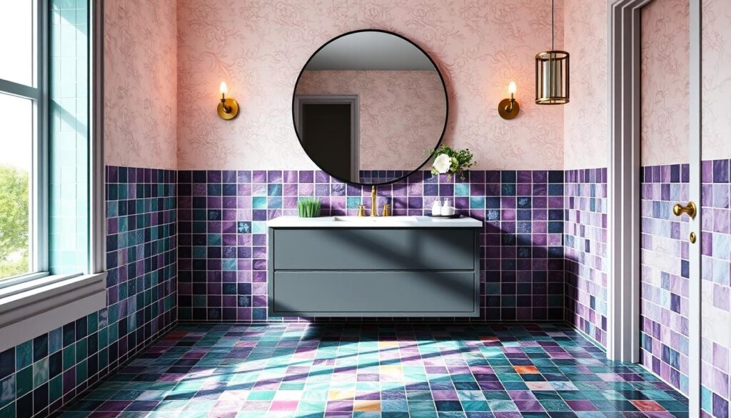 A vibrant and harmonious bathroom color palette, capturing the essence of the "Play with Colors and Patterns" section. The foreground showcases a mix of jewel-toned tiles in hues of emerald, sapphire, and amethyst, arranged in a captivating mosaic pattern. The middle ground features a sleek vanity with a matte black finish, complemented by brass fixtures and a circular mirror that reflects the playful interplay of colors. The background is adorned with a soft, pastel-hued wallpaper in a delicate floral or geometric design, creating a serene and inviting atmosphere. Soft, diffused lighting from sconces and a pendant fixture casts a warm glow, accentuating the depth and vibrancy of the color palette. The overall composition strikes a balance between bold, contrasting elements and a cohesive, harmonious visual experience.