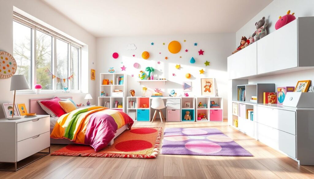 A vibrant, cheerful kids' bedroom, bathed in natural light streaming through large windows. The room is filled with pops of color - a rainbow-hued bedspread, plush rugs in bold patterns, and playful wall decor featuring whimsical shapes and characters. Sleek, modern furniture in crisp white and pastel tones provide a stylish contrast. Shelves and storage units are decorated with an array of toys, books, and other playful accents. The overall atmosphere is one of energy, creativity, and pure joy - a space that inspires the imagination and delights the senses. A vibrant, cheerful kids' bedroom, bathed in natural light streaming through large windows. The room is filled with pops of color - a rainbow-hued bedspread, plush rugs in bold patterns, and playful wall decor featuring whimsical shapes and characters. Sleek, modern furniture in crisp white and pastel tones provide a stylish contrast. Shelves and storage units are decorated with an array of toys, books, and other playful accents. The overall atmosphere is one of energy, creativity, and pure joy - a space that inspires the imagination and delights the senses.