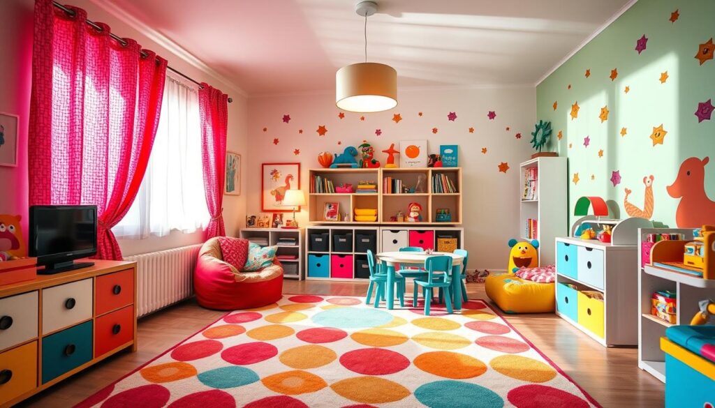 A vibrant, cheerful kids' bedroom with a lively play area. The room is filled with an array of colorful furnishings and decor - a patterned area rug, bright curtains, and a cozy beanbag chair. In the corner, a small table and chairs set create a dedicated play space, surrounded by shelves of toys and books. Soft, diffused lighting from a hanging pendant casts a warm, inviting glow throughout the room. The walls are adorned with whimsical wall decals, bringing the space to life. An open, airy atmosphere encourages imagination and exploration. Captured with a wide-angle lens to showcase the entire room. A vibrant, cheerful kids' bedroom with a lively play area. The room is filled with an array of colorful furnishings and decor - a patterned area rug, bright curtains, and a cozy beanbag chair. In the corner, a small table and chairs set create a dedicated play space, surrounded by shelves of toys and books. Soft, diffused lighting from a hanging pendant casts a warm, inviting glow throughout the room. The walls are adorned with whimsical wall decals, bringing the space to life. An open, airy atmosphere encourages imagination and exploration. Captured with a wide-angle lens to showcase the entire room.