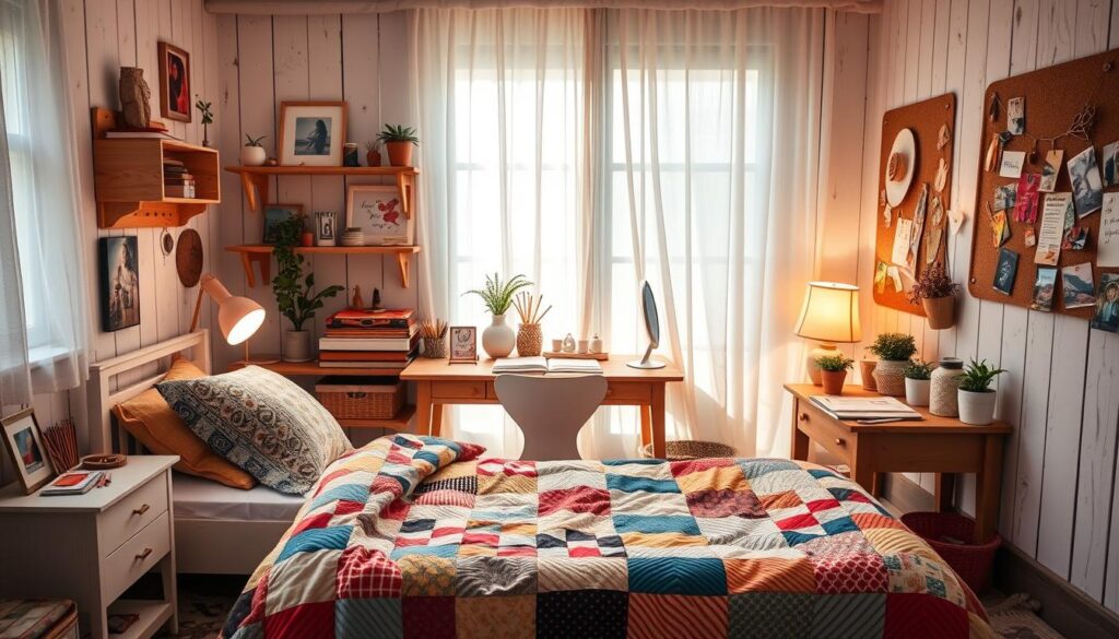 A warm, cozy bedroom with a DIY whimsical charm. In the foreground, a colorful patchwork quilt adorns a simple white bed frame, accented by plush decorative pillows. On the nightstand, a handcrafted lamp casts a soft glow. The middle ground features a wooden desk with an array of creative supplies - paints, brushes, colored pencils, and sketchbooks. Above, wall-mounted shelves display personalized trinkets, framed artwork, and plants in ceramic pots. The background showcases sheer curtains billowing in natural light, complemented by whitewashed wood paneling and a cork board covered in inspiring notes and photographs. The overall atmosphere exudes a sense of youthful imagination and self-expression.