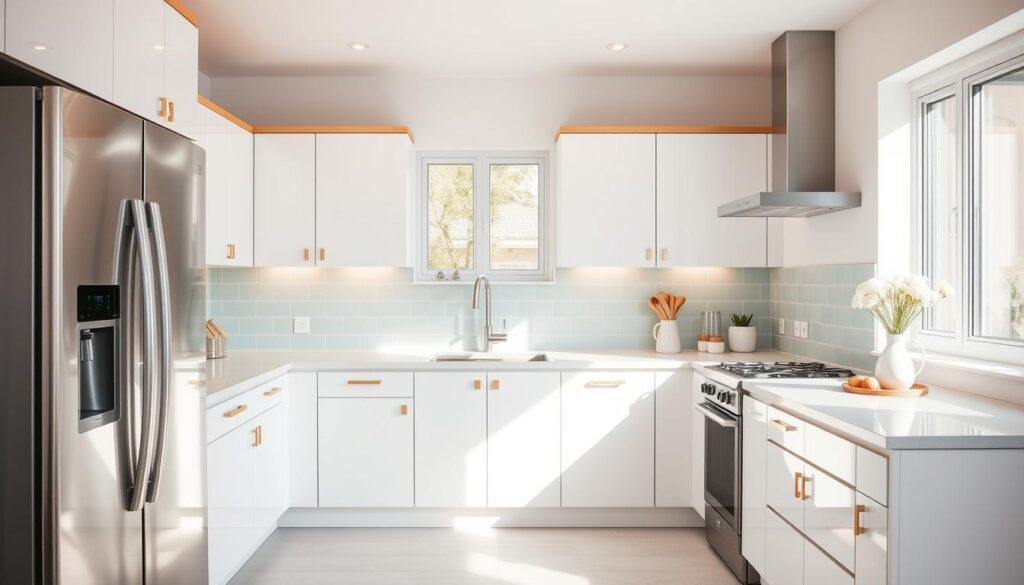 A well-lit, airy kitchen with a harmonious palette of soft, pastel hues. Bright white walls and cabinets reflecting natural light, complemented by warm wood accents and sleek stainless steel appliances. Delicate shades of pale blue, sage green, and muted pink adorn the backsplash, creating a soothing, inviting atmosphere. Strategically placed lighting fixtures cast a gentle glow, highlighting the clean, minimalist design. The overall impression is one of spaciousness and tranquility, perfect for a small kitchen that exudes a sense of modern, serene sophistication.