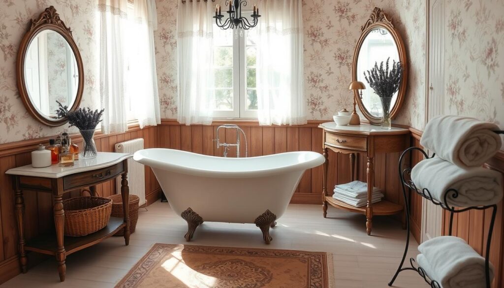 A well-lit and airy French country bathroom, sunlight filtering through lace curtains. A claw-foot tub takes center stage, surrounded by delicate floral wallpaper and rustic wood accents. On the vanity, an antique mirror reflects a collection of vintage perfume bottles and a vase of fresh lavender. The floor is covered in a soft, patterned rug, and a wrought-iron towel rack holds fluffy white towels. The overall atmosphere evokes a sense of relaxed elegance, with a touch of rustic charm.