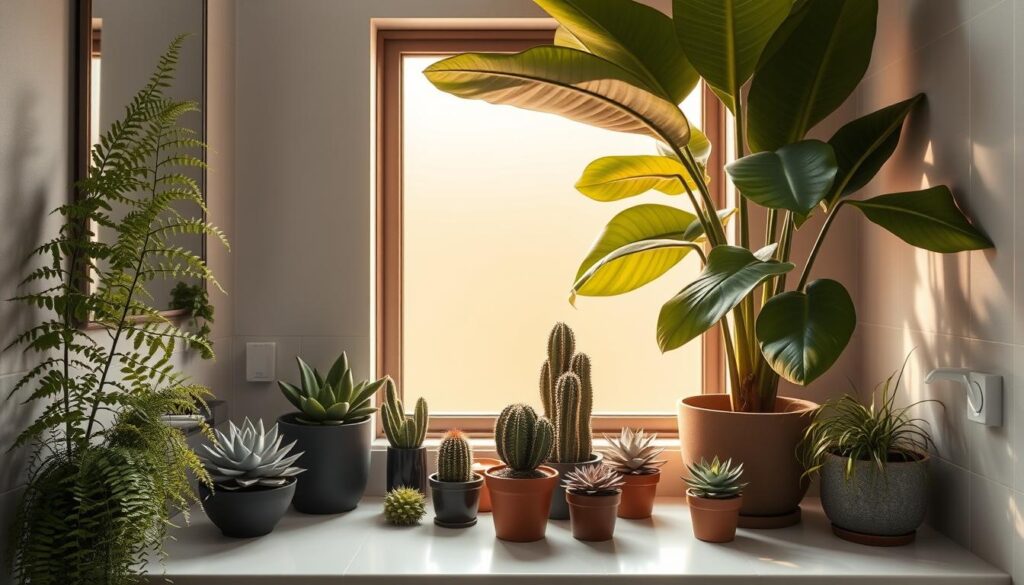 A well-lit bathroom counter, adorned with a lush array of potted plants in various sizes and shapes. In the foreground, a tall, leafy fern cascades gracefully over the edge, its fronds gently swaying. Beside it, a cluster of thriving succulents in shades of green and purple add a pop of color. In the middle ground, a small, sculptural cactus stands tall, casting soft shadows on the tiled surface. In the background, a large, leafy plant with broad, glossy leaves adds a tropical ambiance, its foliage bathed in warm, natural light filtering through a large window. The overall scene exudes a sense of tranquility and a harmonious integration of nature within the modern bathroom setting.