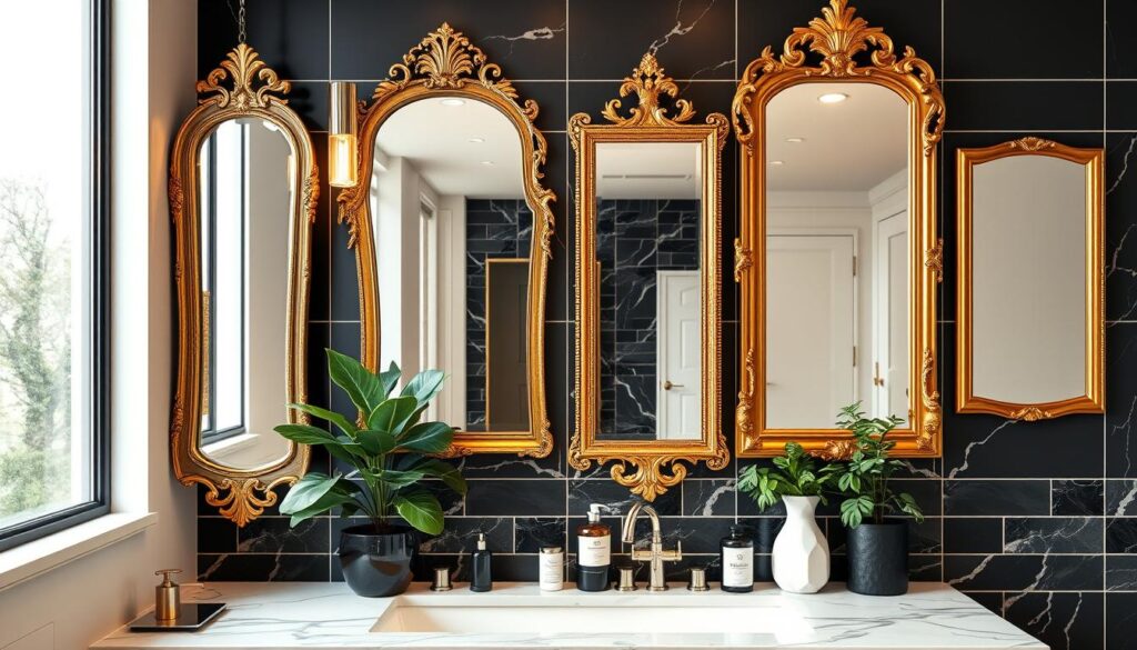 A well-lit bathroom countertop showcases an elegant arrangement of decorative mirrors in various shapes and sizes. Ornate gold-framed mirrors in different angles and heights create a visually captivating display, reflecting the warm lighting and creating an illusion of depth. Sleek black and white tiles provide a modern backdrop, complementing the luxurious mirrored accents. Lush potted plants and minimalist decor elements add a touch of natural, tranquil ambiance to the space. The overall composition exudes a sense of refined sophistication, perfectly suited for a high-end bathroom interior.