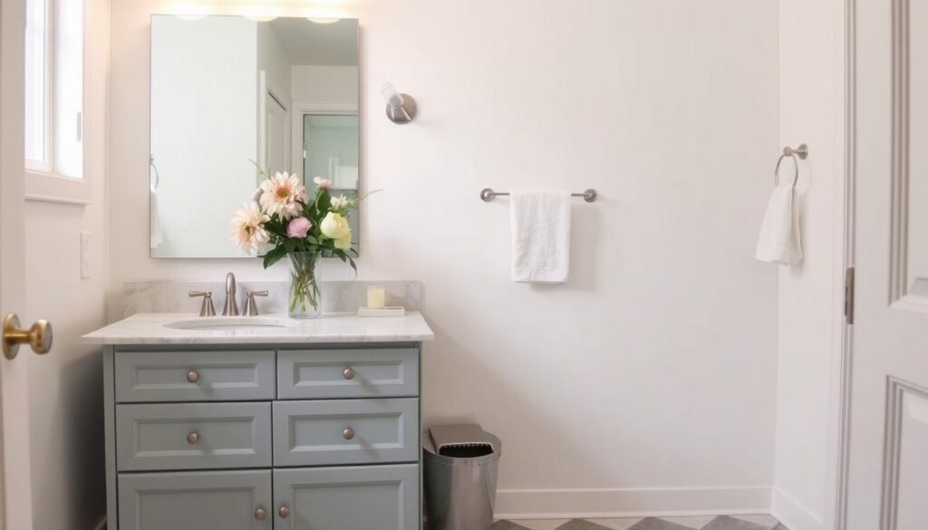 A well-lit bathroom interior, showcasing a vanity with a marble countertop and a mirror. The vanity drawers and cabinet doors have been revamped with a fresh coat of paint in a soothing pastel blue hue, complementing the gray and white tiled flooring. On the counter, a decorative glass vase holds an arrangement of fresh flowers, adding a touch of natural beauty. The bathroom fixtures, including the faucet, towel rack, and light fixtures, have been updated with a sleek, brushed nickel finish, creating a cohesive and modern aesthetic. The overall scene conveys a sense of calm, rejuvenation, and a budget-friendly transformation.