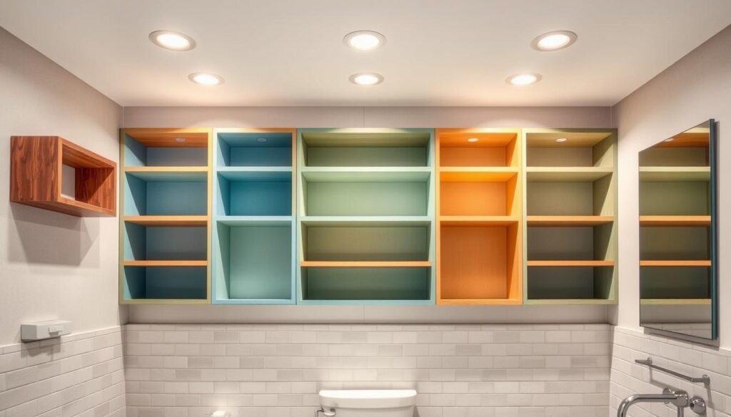 A well-lit bathroom interior showcasing an array of colorful shelves above the toilet. The shelves are arranged in a symmetrical grid pattern, with varying hues of blues, greens, and earthy tones that complement the neutral tile work and fixtures. Soft, diffused lighting from recessed ceiling lamps casts a warm, inviting glow, highlighting the textures and sheen of the shelf materials. The overall scene conveys a sense of tranquility and thoughtful design, inspiring viewers to consider the endless color possibilities for their own bathroom shelving.