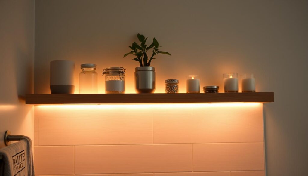 A well-lit bathroom shelf with subtle, warm under-shelf lighting creating a cozy, ambient glow. The shelf is made of natural wood, with various decor items neatly arranged - a potted plant, a few decorative jars, and a candle. The lighting is positioned to highlight the textures and tones of the wood and decor. The overall scene has a soft, inviting atmosphere, perfect for adding a touch of relaxation and comfort to the bathroom space.