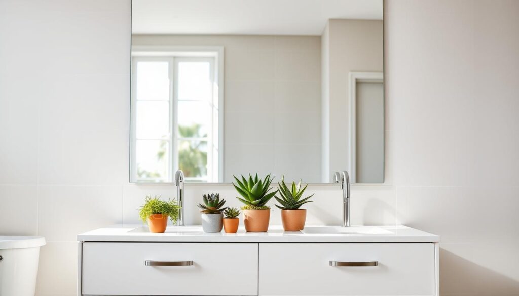 A well-lit bathroom vanity showcasing a minimalist yet stylish decor. In the foreground, a modern white vanity with sleek hardware serves as the central focus. Atop the vanity, potted succulents and lush greenery add pops of vibrant color, creating a harmonious blend of nature and modern design. The middle ground features a large mirror that reflects the natural light streaming in from the window, creating a bright and airy atmosphere. In the background, the bathroom walls are adorned with subtle neutral tiles, complementing the organic elements of the vanity decor. The overall scene evokes a serene, spa-like ambiance, inviting the viewer to imagine a tranquil self-care routine.