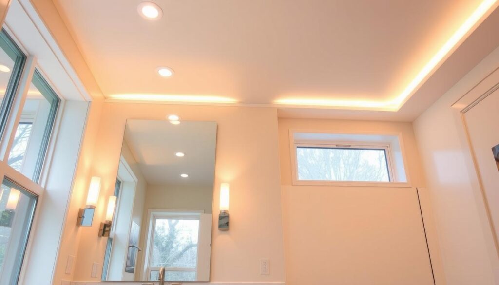 A well-lit bathroom with a modern, minimalist aesthetic. Overhead lighting fixtures with warm, diffused illumination create a cozy, inviting atmosphere. Sleek wall sconces flank a simple vanity mirror, casting a soft glow. The tiled floor and neutral color palette contribute to a clean, budget-friendly look. Indirect lighting from recessed ceiling fixtures add depth and dimension. Large windows allow natural light to flood the space, creating a bright, airy ambiance. The lighting arrangement is both functional and visually appealing, setting the perfect mood for a relaxing bathroom.