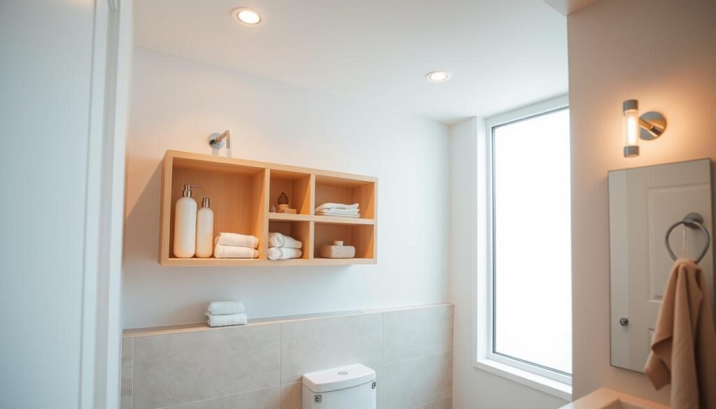 A well-lit bathroom with an open shelving unit installed above the toilet. The shelves are made of light wood, providing ample storage space for toiletries, towels, and decorative items. The shelves are arranged in a minimalist, geometric pattern, creating a clean and modern aesthetic. The bathroom walls are painted a soft, neutral color, with a large window allowing natural light to flood the space. The tile floor is a subtle, neutral tone, complementing the overall minimalist design. The lighting is a combination of recessed ceiling lights and a sleek, contemporary wall sconce, creating a warm and inviting atmosphere.