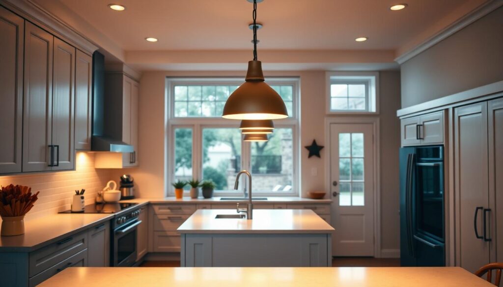 A well-lit, cozy L-shaped kitchen bathed in warm, soft illumination. The foreground features a central island with sleek, minimalist pendant lights casting a gentle glow. The backlighting from under-cabinet fixtures highlights the clean, modern cabinetry and tile backsplash. In the middle ground, large windows let in natural daylight, creating a bright, airy atmosphere. The background showcases a mix of task lighting and ambient ceiling fixtures, strategically positioned to eliminate dark corners and shadows. The overall lighting scheme is harmonious, enhancing the kitchen's functionality and inviting aesthetic.