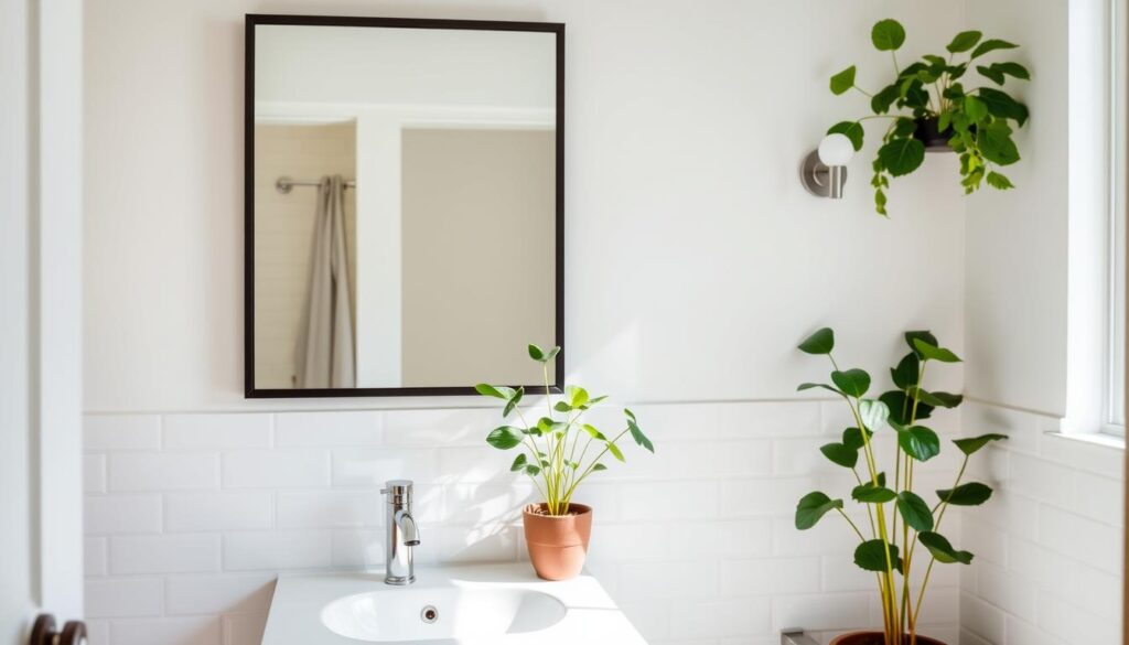 A well-lit, cozy bathroom with sleek, minimalist decor, accented by lush, verdant plants. The foreground features a wall-mounted vanity with a simple, white ceramic sink and a chrome faucet. Hanging above it, a large, framed mirror reflects the natural light streaming in from a window. In the middle ground, a small potted plant sits on the vanity, its vibrant leaves and stems adding a touch of organic elegance. The background showcases a clean, subway-tiled wall, complemented by discreet wall sconces that cast a warm, ambient glow. The overall atmosphere is one of understated sophistication and budget-friendly, nature-inspired charm.