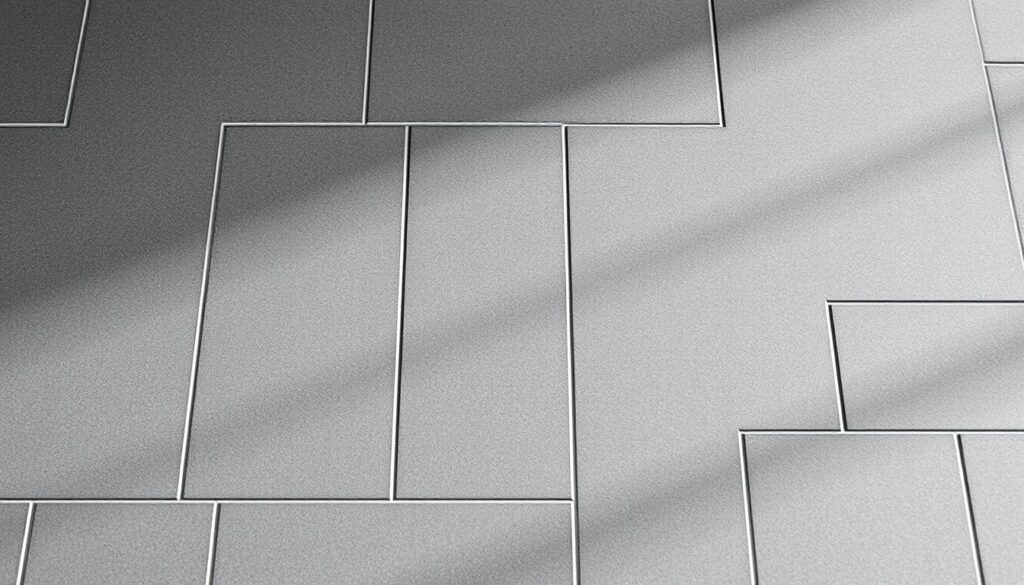 A well-lit, high-angle view of a stylish grey bathroom tile pattern. The tiles are a uniform, matte shade of charcoal grey, arranged in a classic staggered layout that creates a subtle sense of depth and movement. The tiles have a fine, slightly textured surface that catches the light, adding visual interest. The lighting is soft and diffused, creating gentle shadows that accentuate the tiles' dimensional qualities. The overall atmosphere is one of understated elegance and relaxation, perfectly suited for a serene, spa-like bathroom interior.