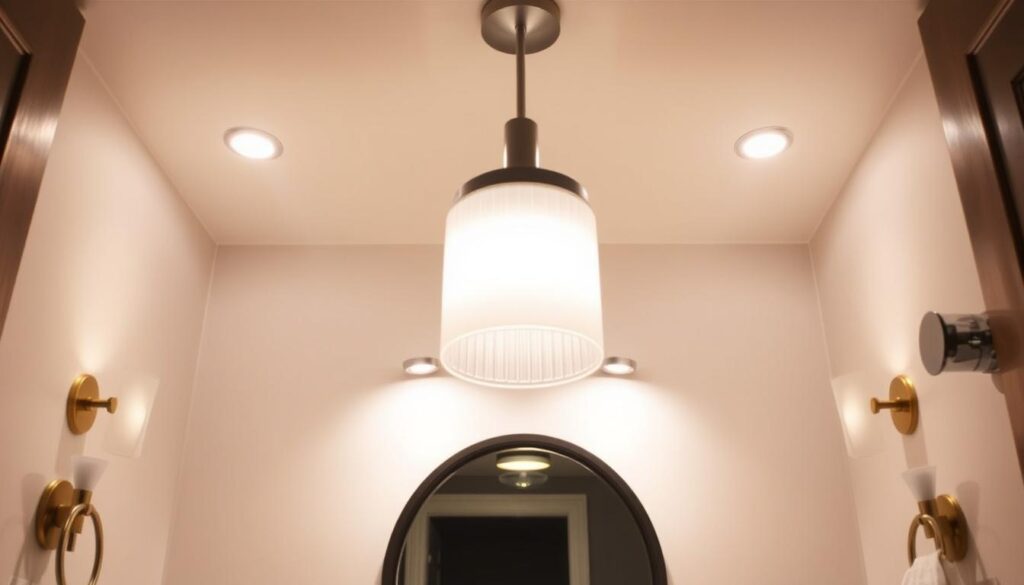 A well-lit, inviting small bathroom with a stylish array of lighting fixtures. Sleek, minimalist LED downlights subtly illuminate the vanity and mirror, casting a warm, flattering glow. Wall sconces with elegant glass shades provide soft accent lighting, complementing the brass or brushed nickel finishes. A modern, cylindrical pendant light hangs above the vanity, casting a pool of light below. The lighting is balanced, creating an atmosphere of sophistication and relaxation, perfect for the "Stylish Lighting Features" section.