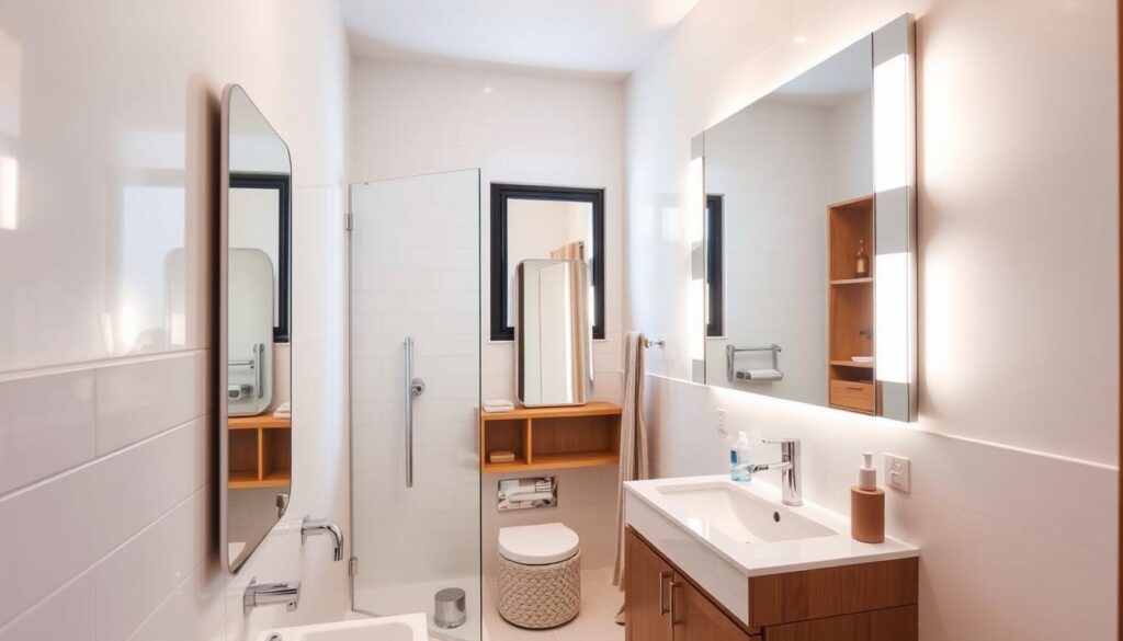 A well-lit small bathroom with sleek, modern mirrors adorning the walls. The mirrors are arranged in a creative, asymmetrical pattern, reflecting the light and creating a sense of depth and visual interest. The bathroom features minimalist white tile, with accents of warm wood tones in the vanity and shelving. Soft, indirect lighting casts a warm glow, while a large window allows natural light to flood the space. The overall atmosphere is one of relaxation and elegant simplicity, showcasing how thoughtful use of mirrors can transform a compact bathroom into a stylish, functional space.