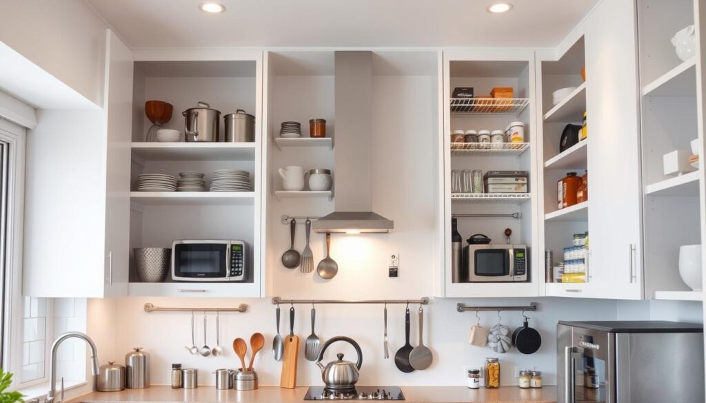 A well-organized and neatly arranged modern kitchen with an emphasis on vertical storage space. The scene depicts an open, airy kitchen with clean, minimalist white cabinets that extend up to the ceiling, maximizing the available vertical area. Shelves, hooks, and hanging racks are strategically placed to hold a variety of kitchen essentials, from cookware and appliances to spices and pantry items. Soft, diffused lighting illuminates the space, creating a warm and inviting atmosphere. The overall composition highlights the efficient use of vertical space to optimize storage in a small kitchen setting.