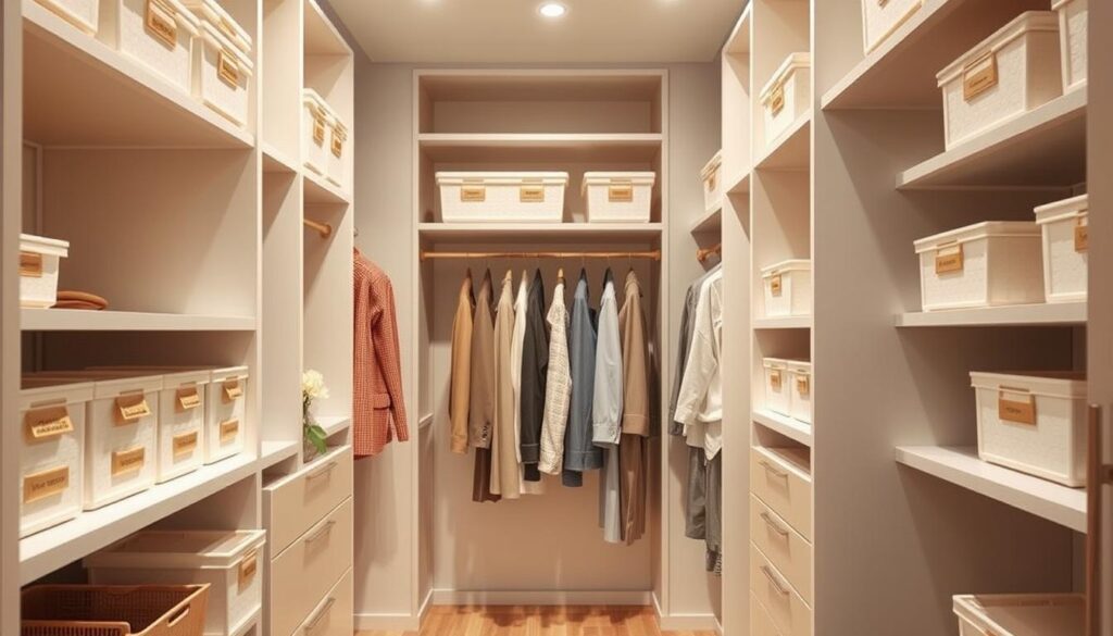 A well-organized closet with neatly stacked shelves, hanging rods, and labeled storage bins in a soft, muted color palette. Warm, diffused lighting illuminates the space, casting gentle shadows to create depth and emphasize the clean, minimalist design. Wooden accents and a subtle floral arrangement add a touch of natural elegance. The camera angle captures the closet from a slightly elevated perspective, showcasing the ingenious use of vertical space and the overall sense of order and tranquility.