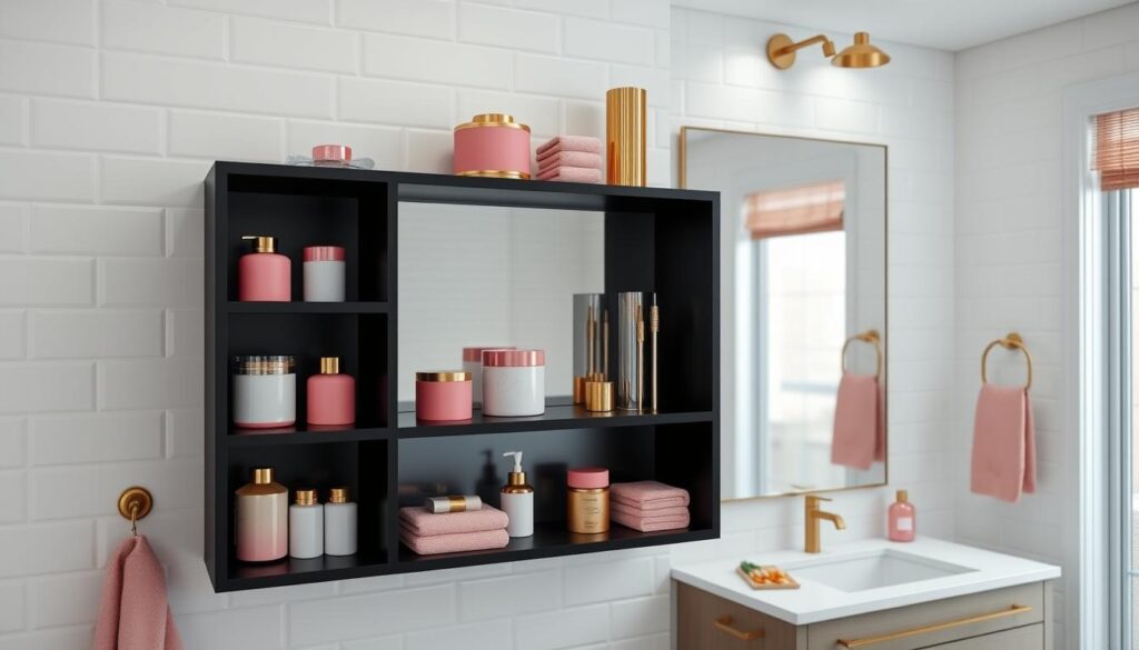 A well-organized, functional bathroom storage solution with a sleek, modern design. The foreground features two elegant black shelves adorned with pink and gold accents, creating a striking contrast. On the shelves, various storage containers, jars, and decorative items are neatly arranged, adding a sense of order and refinement. The middle ground showcases a large, frameless mirror that reflects the bathroom's lighting, enhancing the illusion of depth. The background subtly blends white subway tiles and a neutral-toned vanity, providing a clean, minimalist backdrop that allows the pink and black elements to take center stage. The overall scene is bathed in a soft, diffused lighting, creating a warm, inviting atmosphere.