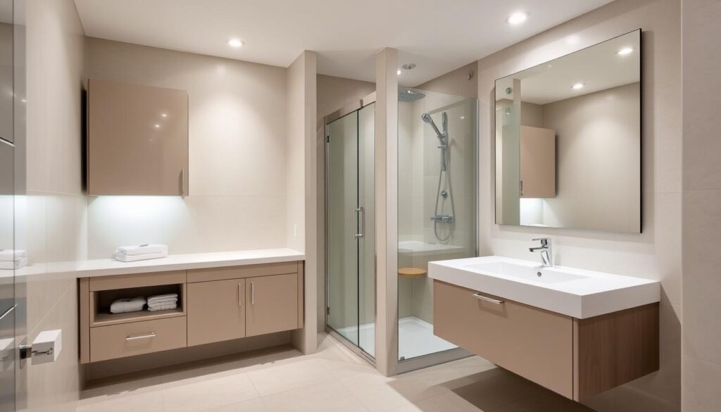 A well-organized, functional bathroom with clean, minimalist design. A floating vanity with built-in storage cabinets and a recessed medicine cabinet above, providing ample space for toiletries. A frameless glass shower enclosure in the corner, illuminated by soft, indirect lighting from recessed ceiling fixtures. Neutral tile flooring and walls, complemented by sleek chrome hardware and a large, rectangular mirror that enhances the sense of openness. Overall, a harmonious, efficient layout that maximizes the available space.