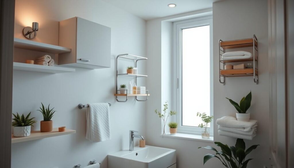 A well-organized small bathroom with minimalist white shelves, floating wall-mounted cabinets, and tiered organizers made of natural wood, glass, and metal. The storage solutions utilize the vertical space above the vanity, creating a clean and clutter-free ambiance. Soft, indirect lighting from sconces and a large window illuminates the room, casting a warm, relaxing glow. The bathroom is styled with potted plants, plush towels, and subtle decorative accents, embodying a serene, spa-like atmosphere.