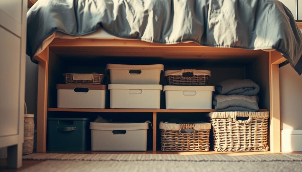 A well-organized under-bed storage solution, showcasing a variety of boxes, bins, and baskets neatly arranged beneath a cozy, minimalist bed. The scene is lit with warm, soft lighting, casting gentle shadows and highlighting the textures of the storage items. The camera angle is low, capturing the space from an eye-level perspective, emphasizing the practical and accessible nature of the storage. The overall atmosphere is one of calm, orderly efficiency, perfectly suited for a small bedroom in need of clever space-saving solutions.