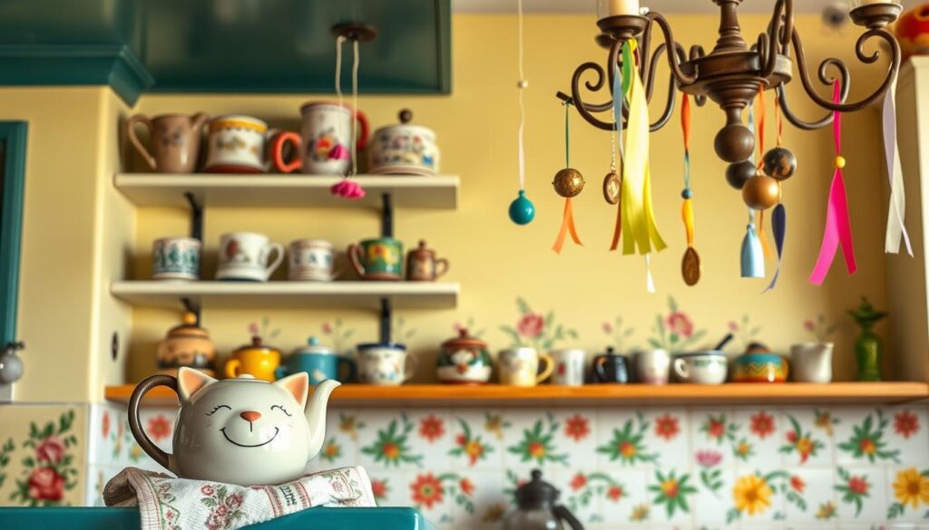 A whimsical kitchen adorned with delightful decorative pieces. In the foreground, a charming ceramic teapot in the shape of a smiling cat sits atop a vintage-inspired tea towel. On the shelves, an eclectic collection of mismatched mugs, each with a unique pattern or playful design. The backsplash features hand-painted tiles in a vibrant floral motif, creating a warm and inviting atmosphere. Hanging from the ceiling, a mobile of miniature kitchen utensils and colorful streamers sways gently, adding a touch of playfulness. Soft, diffused lighting from a rustic chandelier casts a cozy glow, complementing the overall cozy and inviting ambiance of this whimsical kitchen.