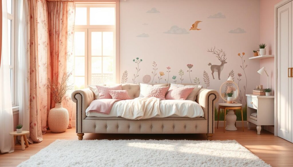 A whimsical, pastel-hued girls' bedroom with soft, muted tones and a touch of playfulness. The foreground features a cozy, tufted daybed adorned with plush pillows in shades of pink, lavender, and mint. In the middle ground, delicate curtains in a floral pattern frame the scene, while a plush area rug in a complementary palette anchors the space. The background showcases a feature wall with a mural of clouds and whimsical woodland creatures, bathed in warm, natural lighting that filters through large windows. The overall atmosphere is one of youthful charm and tranquility, inviting the viewer to imagine a serene, imaginative retreat.