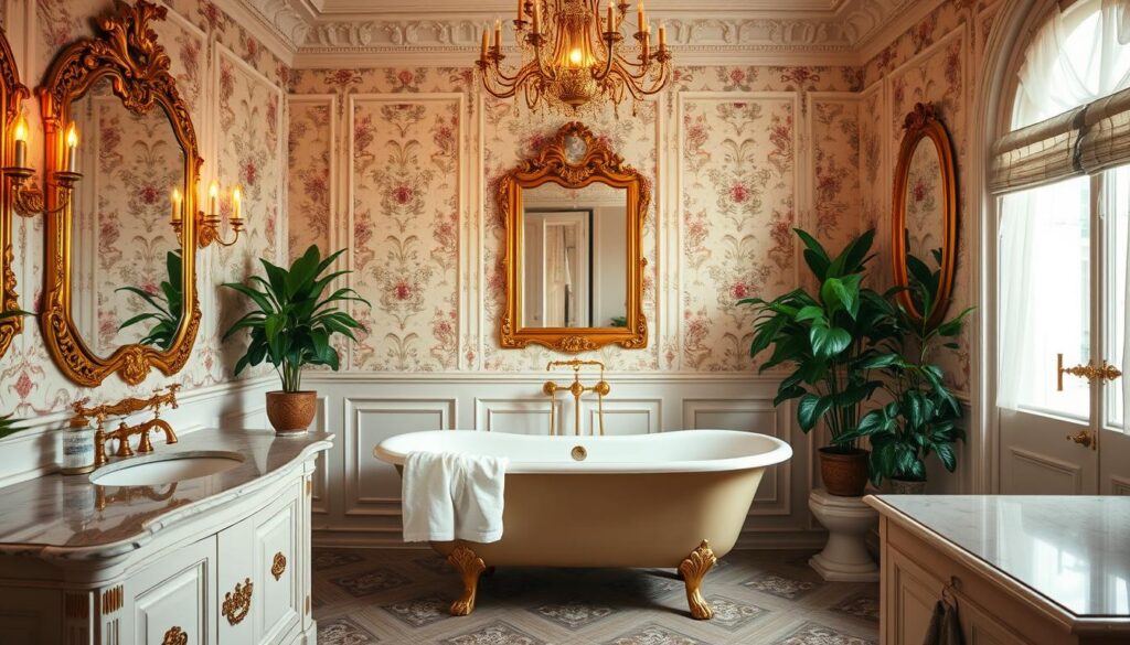An elegant French bathroom, bathed in soft, warm lighting. Ornate brass fixtures and marble vanity top gleam against the backdrop of delicate floral wallpaper. A claw-foot tub sits at the center, draped in luxurious linens. Intricate moldings and gilded mirrors adorn the walls, creating a captivating display of timeless sophistication. Lush potted plants and a ornate chandelier complete the scene, evoking the essence of Parisian chic. The overall atmosphere is one of refined tranquility, perfect for a relaxing retreat.