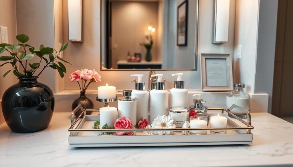 An elegant bathroom counter display with a focal point of a decorative tray featuring an assortment of luxurious bath products, candles, and fresh flowers. The tray is surrounded by tasteful accents like a potted plant, a decorative vase, and a small, framed artwork. The counter is made of a sleek, marble-like material, and the lighting is soft and warm, creating a relaxing, spa-like ambiance. The angle is slightly elevated, showcasing the thoughtful arrangement and attention to detail. The overall scene exudes an air of sophistication and tranquility, inviting the viewer to envision a relaxing moment in this beautifully curated space.