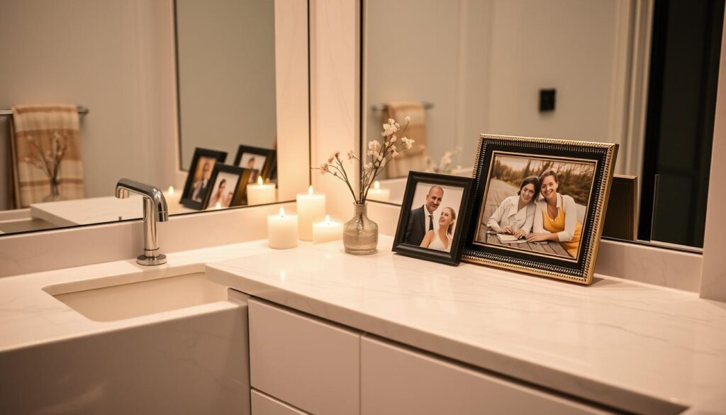 An elegant bathroom counter display with family photos, candles, and a small decorative vase. The counter is made of polished white marble, with a sleek and minimalist design. The lighting is soft and warm, creating a cozy and inviting atmosphere. The family photos are arranged in a visually appealing way, showcasing cherished memories. The candles add a touch of ambiance, while the decorative vase completes the display, creating a harmonious and personalized composition. The overall scene exudes a sense of sophistication and attention to detail, perfectly complementing the "Personalize with Family Photos" section of the article.