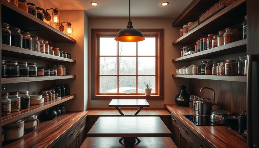 An intimate and cozy pantry nook with a sleek fold-down table nestled in the corner. Warm lighting from sconces casts a soft glow, illuminating the polished wood surfaces and antique-inspired metal accents. Shelves line the walls, neatly displaying a variety of jars, spices, and kitchen essentials. The table, when folded down, offers a compact workspace for meal prep or casual dining, seamlessly blending function and charm. The scene is framed by a large window, allowing natural light to filter in and creating a sense of openness within the compact space. Overall, a harmonious and inviting pantry nook that maximizes the potential of a small kitchen.