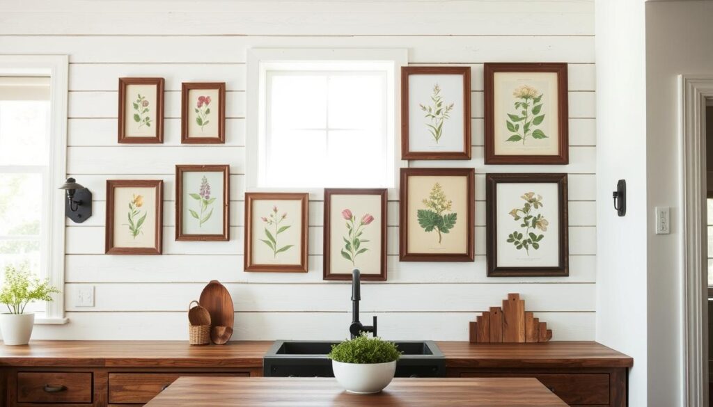An inviting farmhouse kitchen wall, bathed in soft natural light streaming through a large window. The backdrop is a textured, whitewashed shiplap, lending an authentic rustic charm. Adorning the wall, a captivating arrangement of vintage-inspired botanical prints in antique wooden frames, their earthy tones complementing the overall color palette. Interspersed are rustic metal wall sconces, casting a warm glow and adding depth to the scene. The composition is balanced and harmonious, creating a cozy, welcoming atmosphere that perfectly suits the "Color Your Space: Paint and Wallpaper" section of the article.