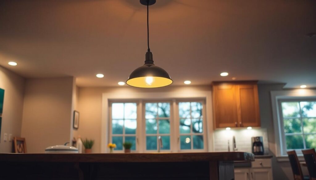 Breakfast bar lighting options: a cozy, well-lit kitchen nook. In the foreground, a sleek, modern pendant light hangs above a wooden breakfast bar, casting a warm glow. Surrounding it, a selection of task lighting options - including recessed ceiling lights and under-cabinet strip lights - illuminate the prep and dining areas. The middle ground features a mix of natural and artificial light, with large windows flooding the space with soft daylight. In the background, a subtle ambient glow emanates from concealed lighting, creating a cohesive, inviting atmosphere. The overall scene conveys a harmonious blend of functionality and style, perfectly suited for a small kitchen's breakfast bar.