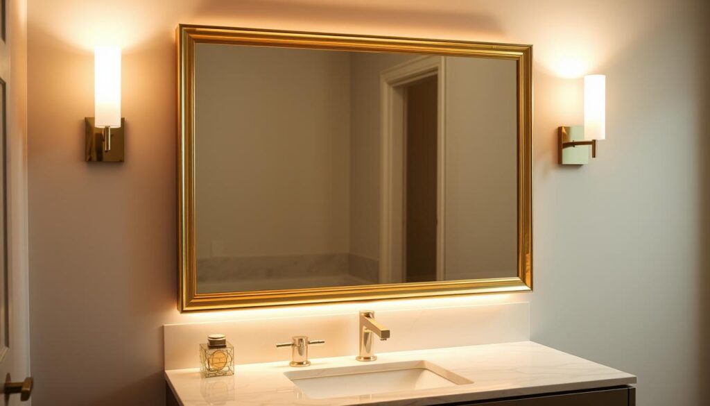Chic bathroom lighting, a sleek and sophisticated statement piece. Imagine a luxurious, well-lit vanity area with a stunning gold-framed mirror, flanked by two minimalist sconces that cast a warm, inviting glow. The space is bathed in a soft, diffused light, creating an atmosphere of elegant refinement. The mirror reflects the clean lines and angular design of the fixtures, exuding a sense of modern elegance. The overall effect is one of understated luxury, where form and function seamlessly blend to create a truly impressive and visually captivating bathroom setting.