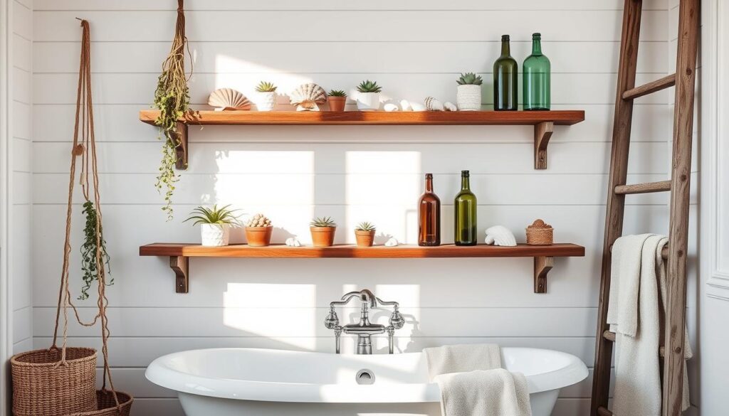 Coastal farmhouse style bathroom shelves: A bright, airy scene showcasing a rustic wooden shelving unit against a backdrop of white shiplap walls. The shelves display a curated collection of seashells, potted succulents, and vintage glass bottles, casting warm shadows in the soft, natural lighting. The shelves are flanked by a hanging plant and a weathered wooden ladder, creating a serene, beachy ambiance. The shelves are positioned above a classic claw-foot bathtub, lending an air of relaxation and tranquility to the space. A woven basket and plush towels add cozy, textural elements, while the overall composition evokes a sense of coastal simplicity and charm.