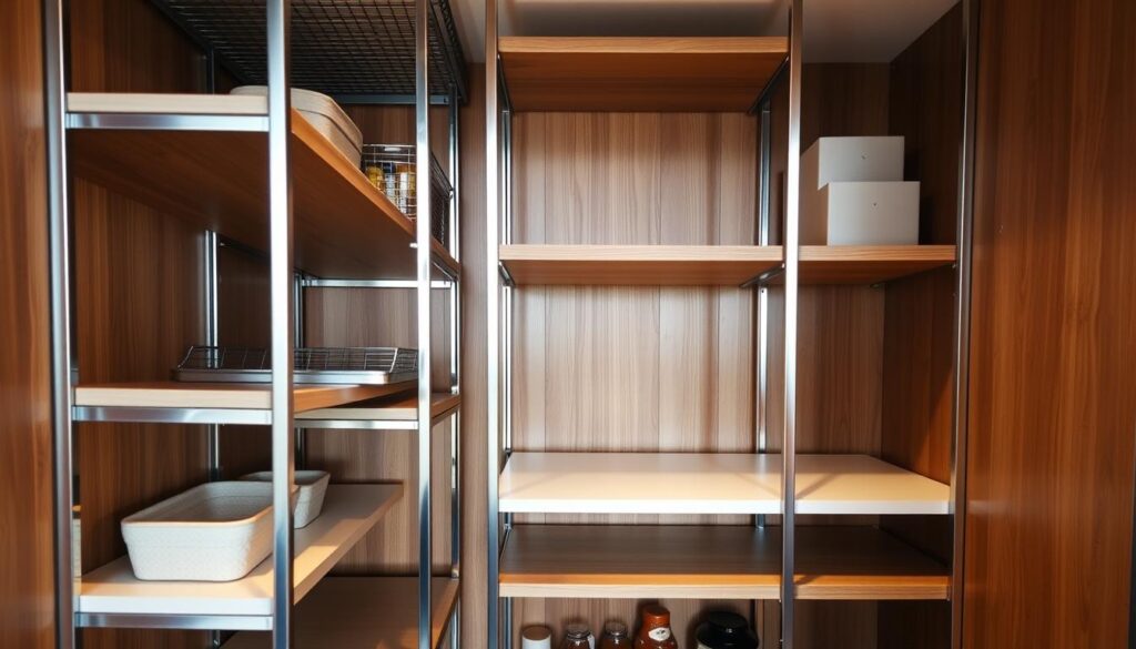 Compact pantry shelving, vertical stacking with sleek metallic frames and wood or white laminate shelves. Minimalist design with ample storage space, clean lines, and efficient organization. Warm lighting illuminates the shelves, casting soft shadows that highlight the textures. Shot from a low angle, emphasizing the shelves' height and depth. The overall aesthetic is modern, uncluttered, and tailored to make the most of limited kitchen space.